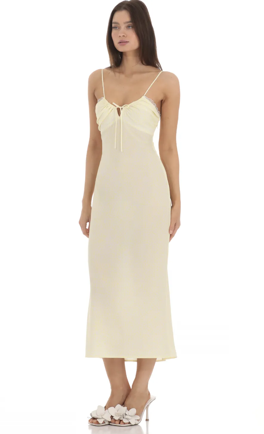 LUCY IN THE SKY Midi Dresses^Lace Trim Front Tie Midi Dress In Yellow
