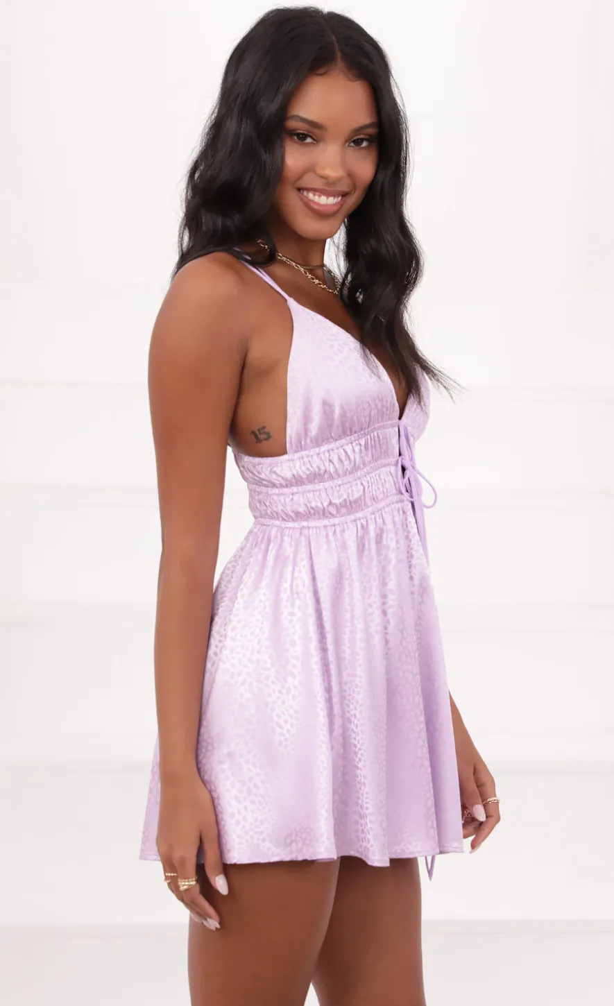 LUCY IN THE SKY Mini Dresses^Lace Up Dress In Lavender Leopard Jacquard Print