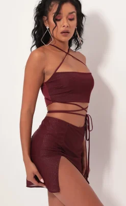 LUCY IN THE SKY Two-Piece Sets|Shorts^Leslie Shimmer Mesh Set In Burgundy