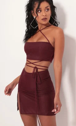 LUCY IN THE SKY Two-Piece Sets|Shorts^Leslie Shimmer Mesh Set In Burgundy