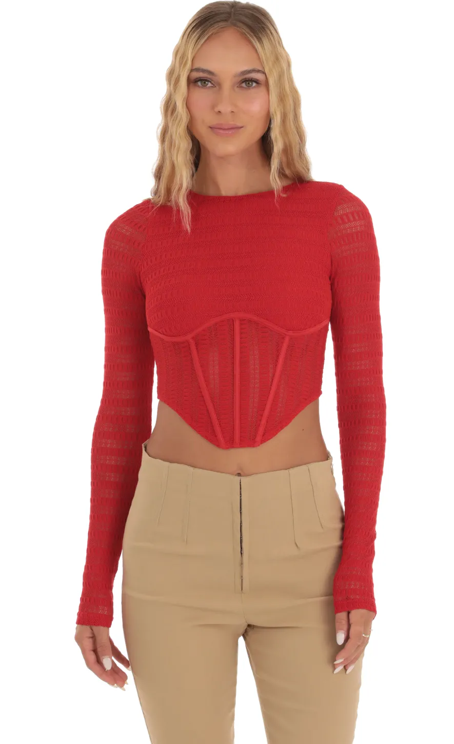 LUCY IN THE SKY Tops^Long Sleeve Corset Top In Red