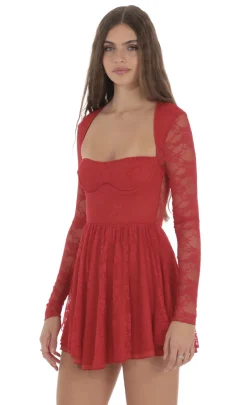 LUCY IN THE SKY Mini Dresses^Long Sleeve Lace A-line Dress In Red