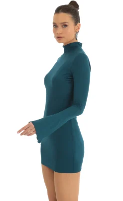 LUCY IN THE SKY Mini Dresses^Long Sleeve Mock Neck Dress In Turquoise