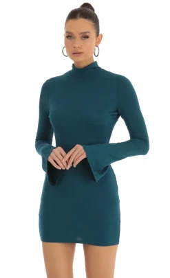 LUCY IN THE SKY Mini Dresses^Long Sleeve Mock Neck Dress In Turquoise