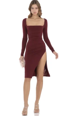 LUCY IN THE SKY Midi Dresses^Long Sleeve Open Back Midi Dress In Maroon