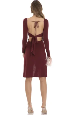 LUCY IN THE SKY Midi Dresses^Long Sleeve Open Back Midi Dress In Maroon