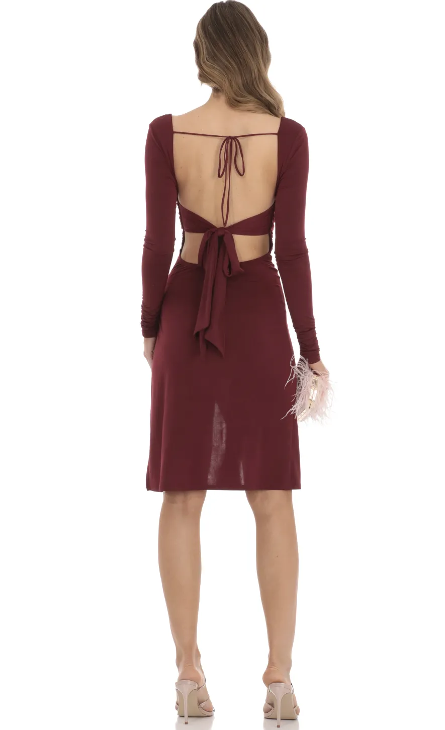 LUCY IN THE SKY Midi Dresses^Long Sleeve Open Back Midi Dress In Maroon