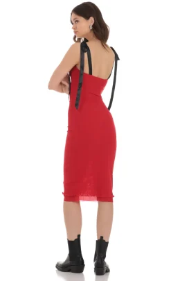 LUCY IN THE SKY Midi Dresses^Mesh Black Shoulder Ties Midi Dress In Red