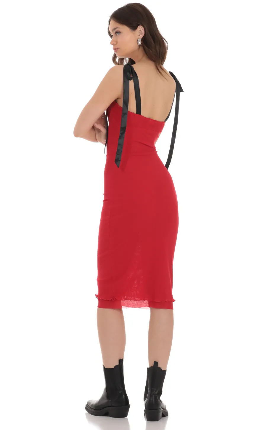 LUCY IN THE SKY Midi Dresses^Mesh Black Shoulder Ties Midi Dress In Red