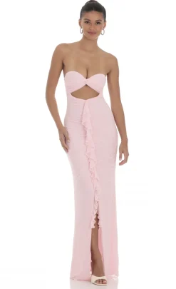 LUCY IN THE SKY Maxi Dresses^Mesh Cutout Ruffle Maxi Dress In Pink