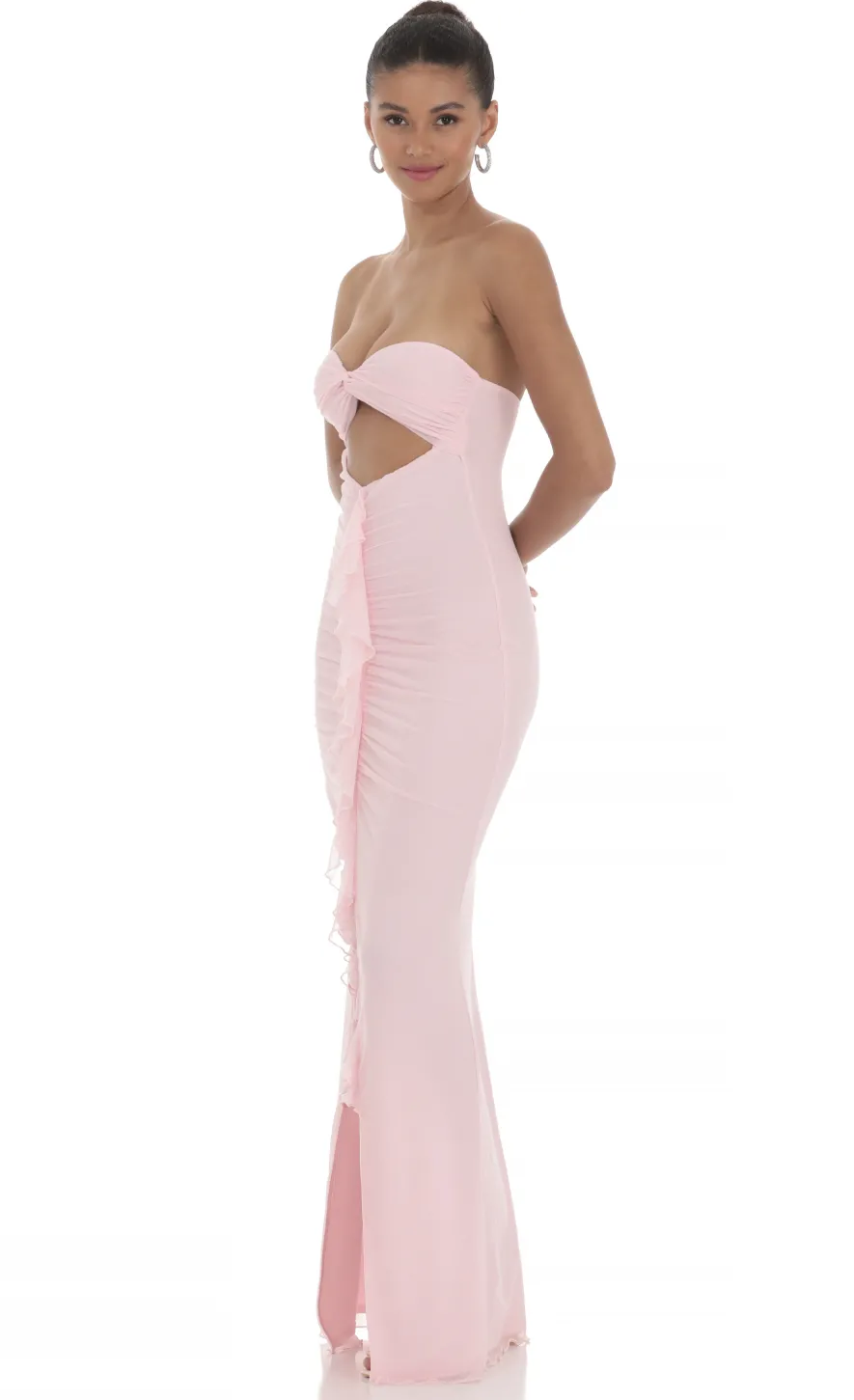LUCY IN THE SKY Maxi Dresses^Mesh Cutout Ruffle Maxi Dress In Pink