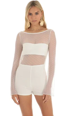 LUCY IN THE SKY Rompers^Mesh Dotted Open Back Romper In White
