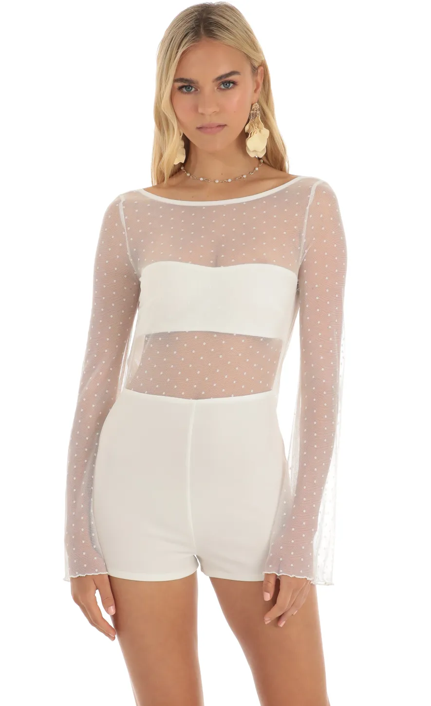 LUCY IN THE SKY Rompers^Mesh Dotted Open Back Romper In White
