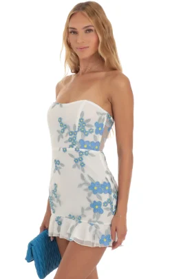 LUCY IN THE SKY Mini Dresses^Mesh Embroidered Corset Strapless Dress In White