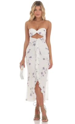 LUCY IN THE SKY Midi Dresses^Mesh Floral Cutout Midi Dress In White