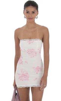 LUCY IN THE SKY Mini Dresses^Mesh Floral Lace Strapless Bodycon Dress In White