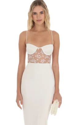 LUCY IN THE SKY Midi Dresses^Mesh Floral Shimmer Cutout Midi Dress In Ivory