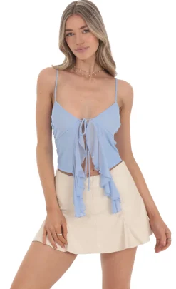LUCY IN THE SKY Tops^Mesh Front Tie Tassel Top In Blue