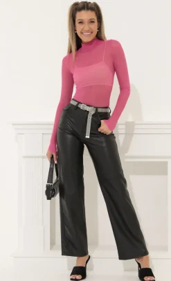 LUCY IN THE SKY Bodysuits^Mesh Long Sleeve Bodysuit In Fuchsia