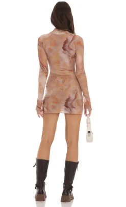 LUCY IN THE SKY Mini Dresses^Mesh Mock Neck Swirl Dress In Brown