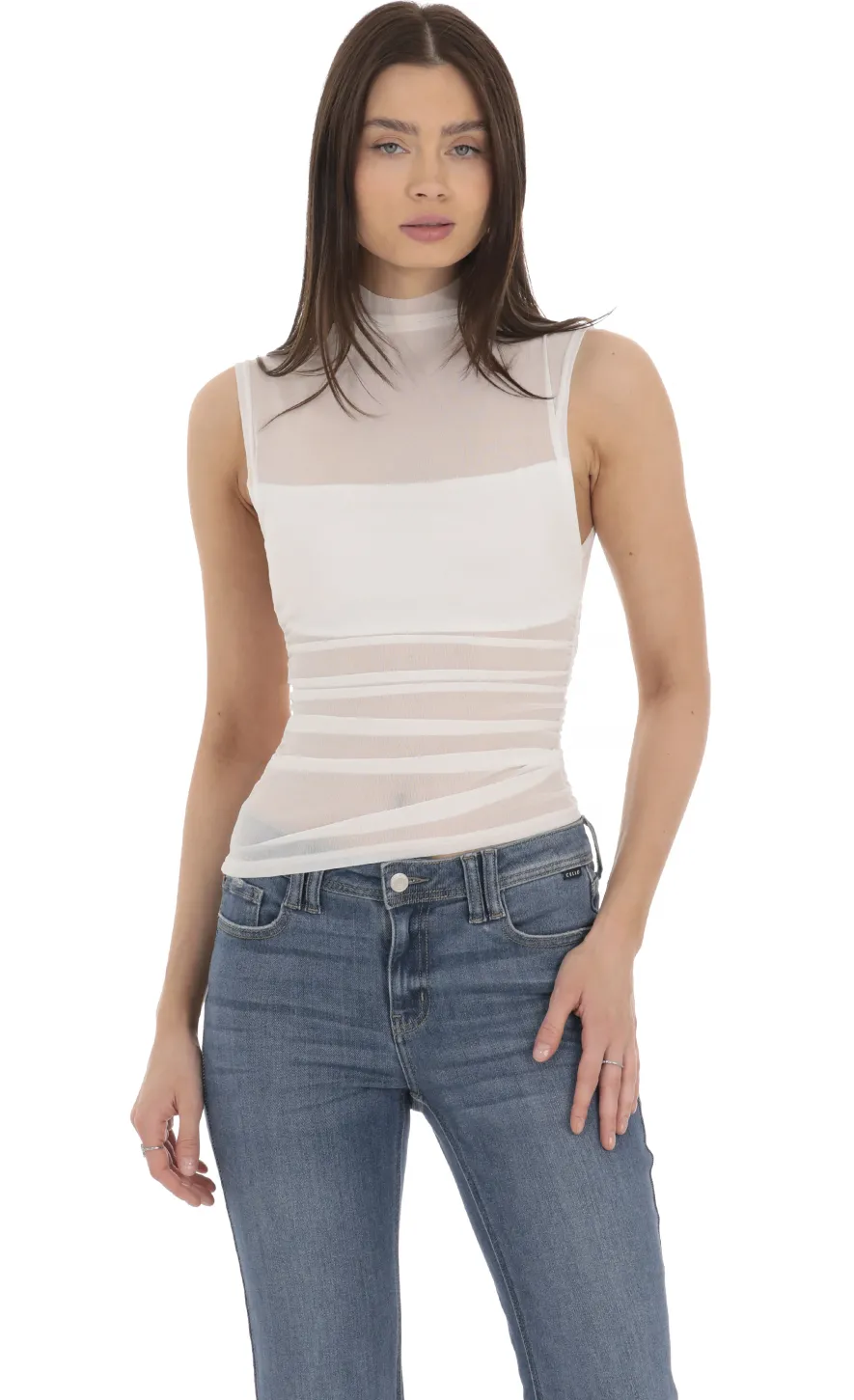 LUCY IN THE SKY Tops^Mesh Mock Neck Top In White