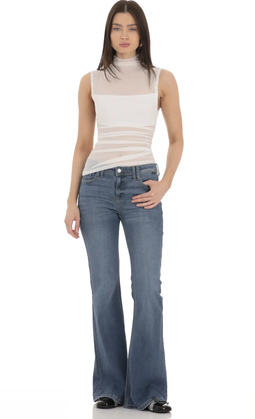 LUCY IN THE SKY Tops^Mesh Mock Neck Top In White