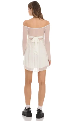 LUCY IN THE SKY Mini Dresses^Mesh Off Shoulder Babydoll Dress In Ivory