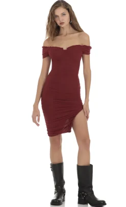 LUCY IN THE SKY Midi Dresses^Mesh Off Shoulder Dress In Burgundy