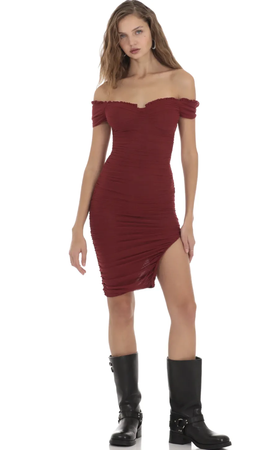 LUCY IN THE SKY Midi Dresses^Mesh Off Shoulder Dress In Burgundy