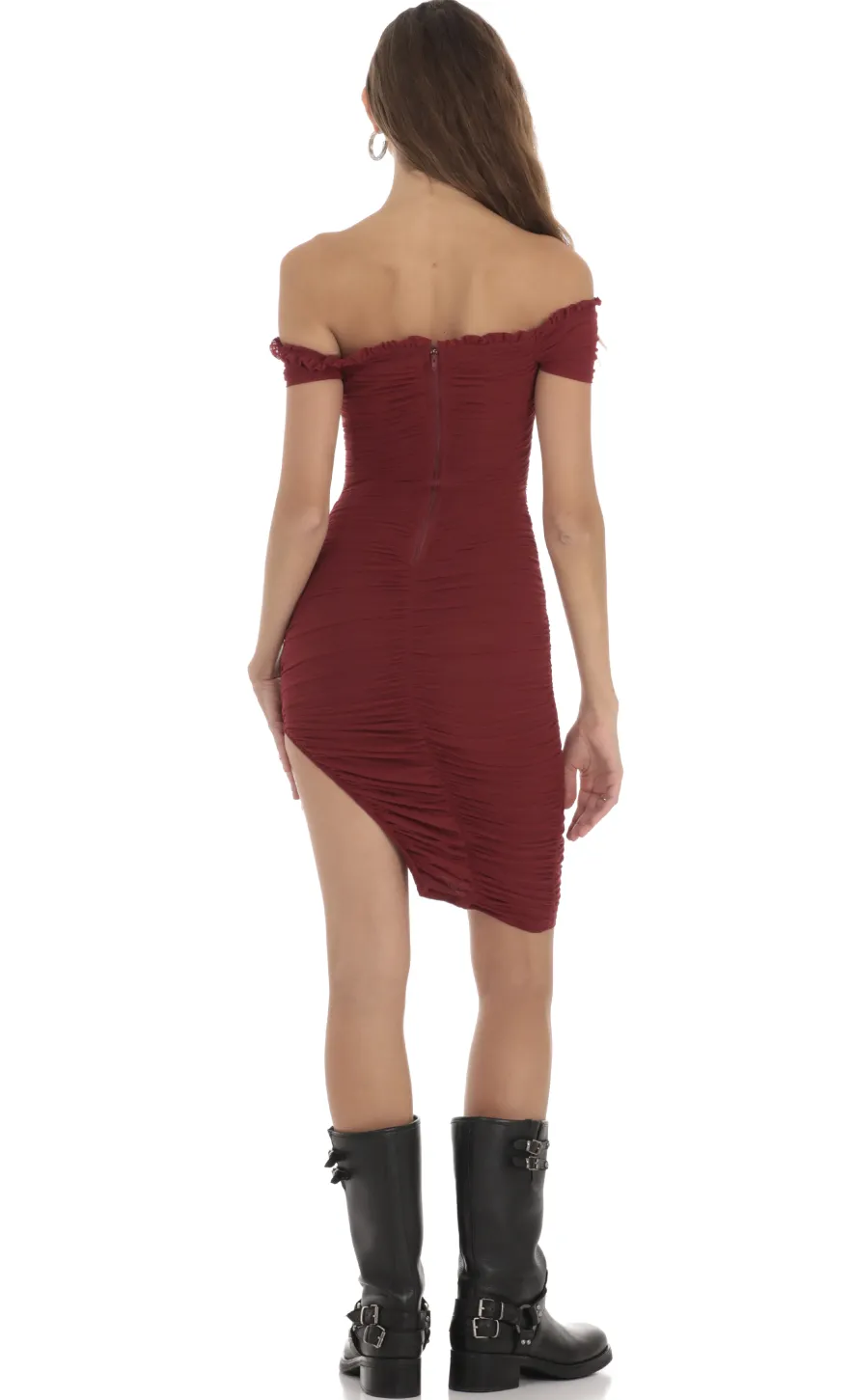 LUCY IN THE SKY Midi Dresses^Mesh Off Shoulder Dress In Burgundy