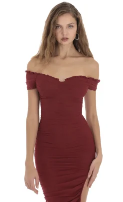 LUCY IN THE SKY Midi Dresses^Mesh Off Shoulder Dress In Burgundy