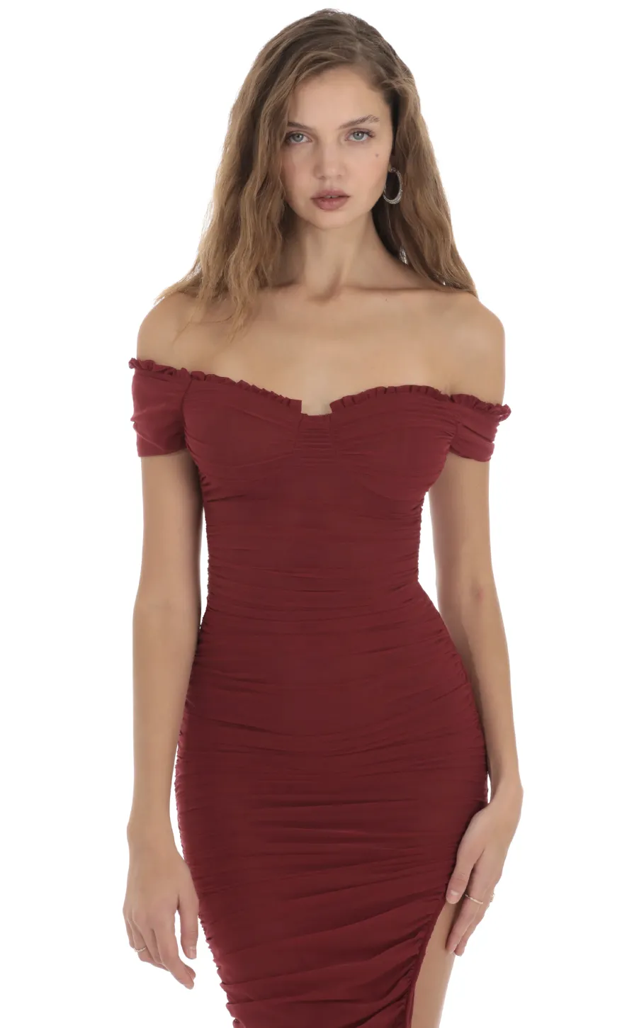 LUCY IN THE SKY Midi Dresses^Mesh Off Shoulder Dress In Burgundy