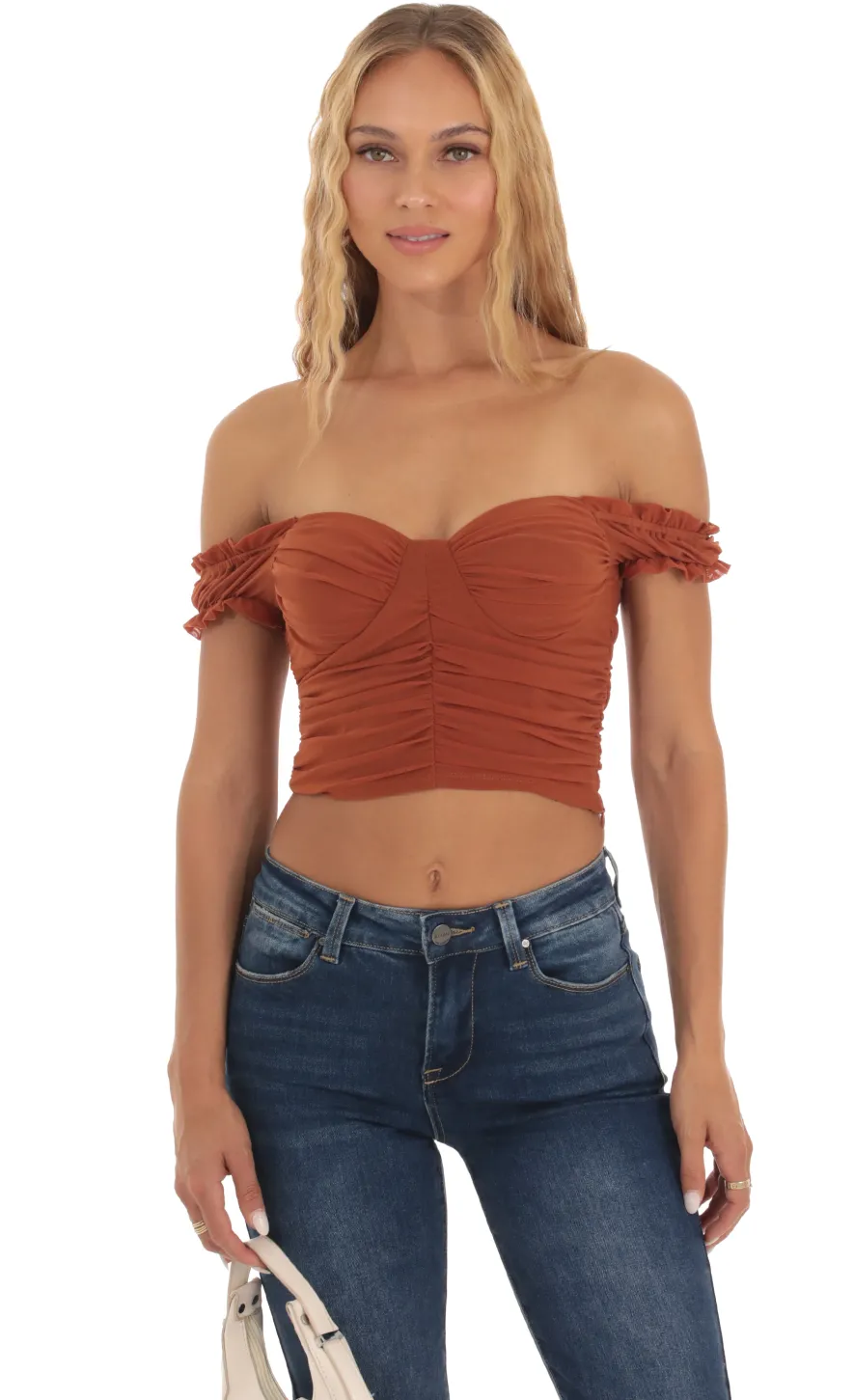 LUCY IN THE SKY Tops^Mesh Off Shoulder Top In Rust