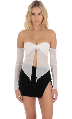LUCY IN THE SKY Tops^Mesh Off Shoulder Top In White