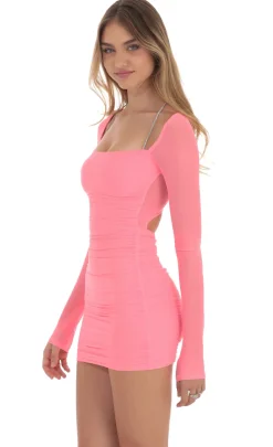 LUCY IN THE SKY Mini Dresses^Mesh Rhinestone Halter Strap Dress In Neon Pink