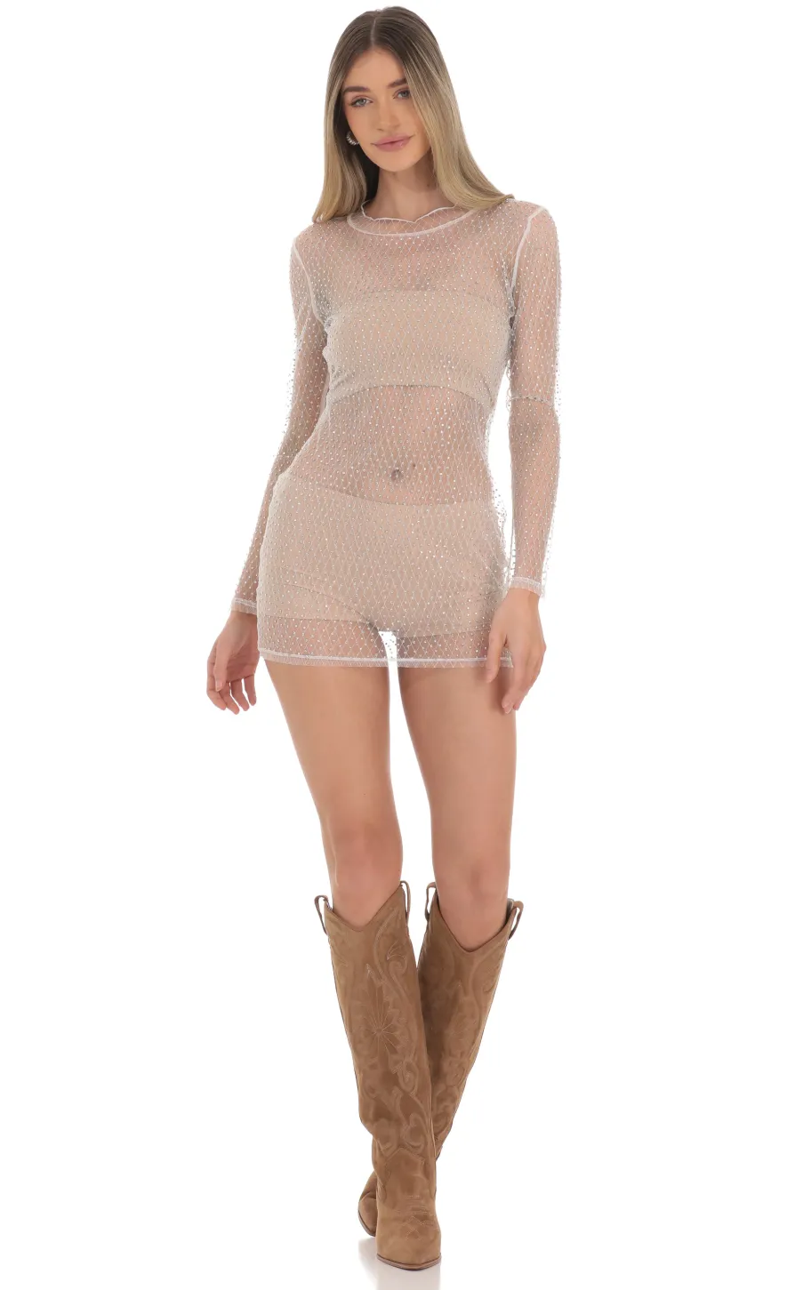 LUCY IN THE SKY Mini Dresses^Mesh Rhinstone Dress In White