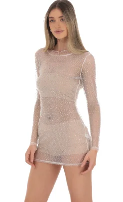 LUCY IN THE SKY Mini Dresses^Mesh Rhinstone Dress In White