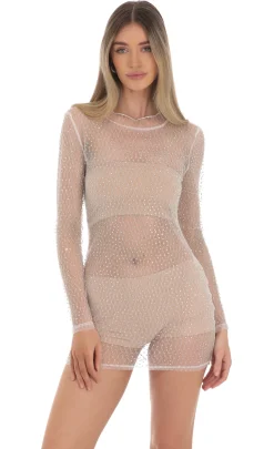 LUCY IN THE SKY Mini Dresses^Mesh Rhinstone Dress In White