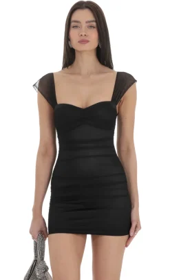 LUCY IN THE SKY Mini Dresses^Mesh Ruched Bodycon Dress In Black