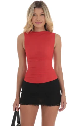 LUCY IN THE SKY Tops^Mesh Ruched Top In Red