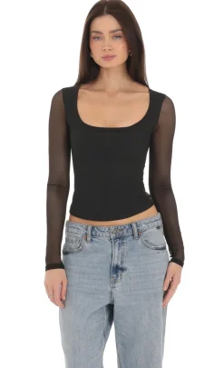 LUCY IN THE SKY Tops^Mesh Scoop Long Sleeve Top In Black