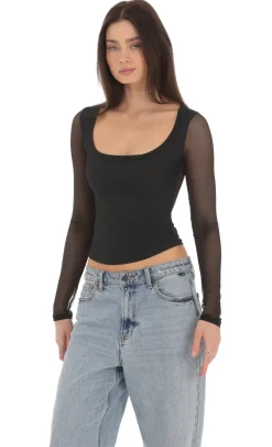 LUCY IN THE SKY Tops^Mesh Scoop Long Sleeve Top In Black