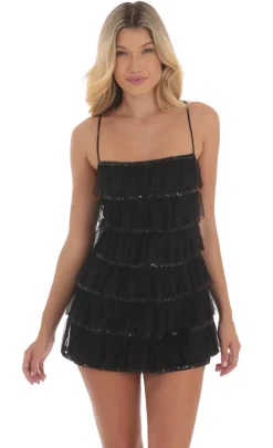 LUCY IN THE SKY Mini Dresses^Mesh Sequin Ruffles Dress In Black