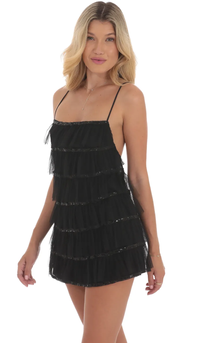 LUCY IN THE SKY Mini Dresses^Mesh Sequin Ruffles Dress In Black