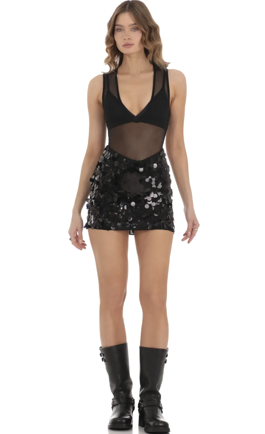 LUCY IN THE SKY Mini Dresses^Mesh Sequin Skirt Dress In Black