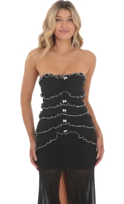 LUCY IN THE SKY Maxi Dresses^Mesh Strapless Ruffle Bodycon Maxi Dress In Black