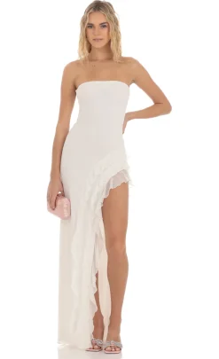 LUCY IN THE SKY Maxi Dresses^Mesh Strapless Triple Ruffle Maxi Dress In White