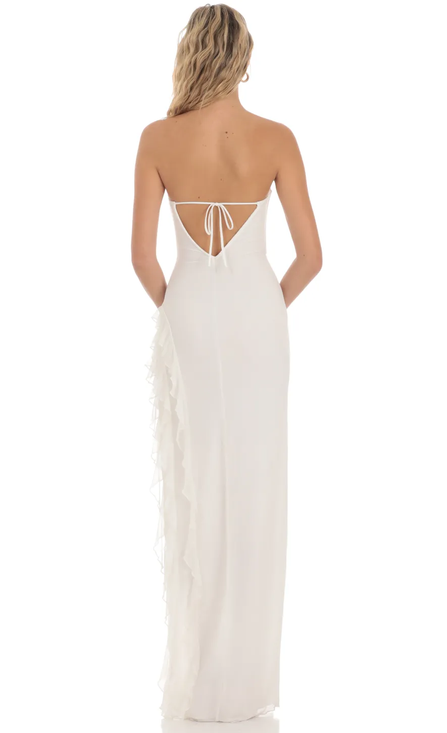 LUCY IN THE SKY Maxi Dresses^Mesh Strapless Triple Ruffle Maxi Dress In White