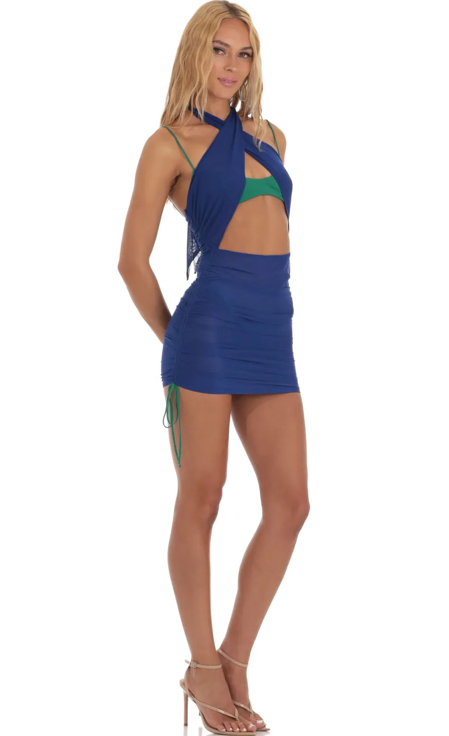 LUCY IN THE SKY Two-Piece Sets|Mini Dresses^Mesh Two Toned Wrap Halter Dress In Green And Blue