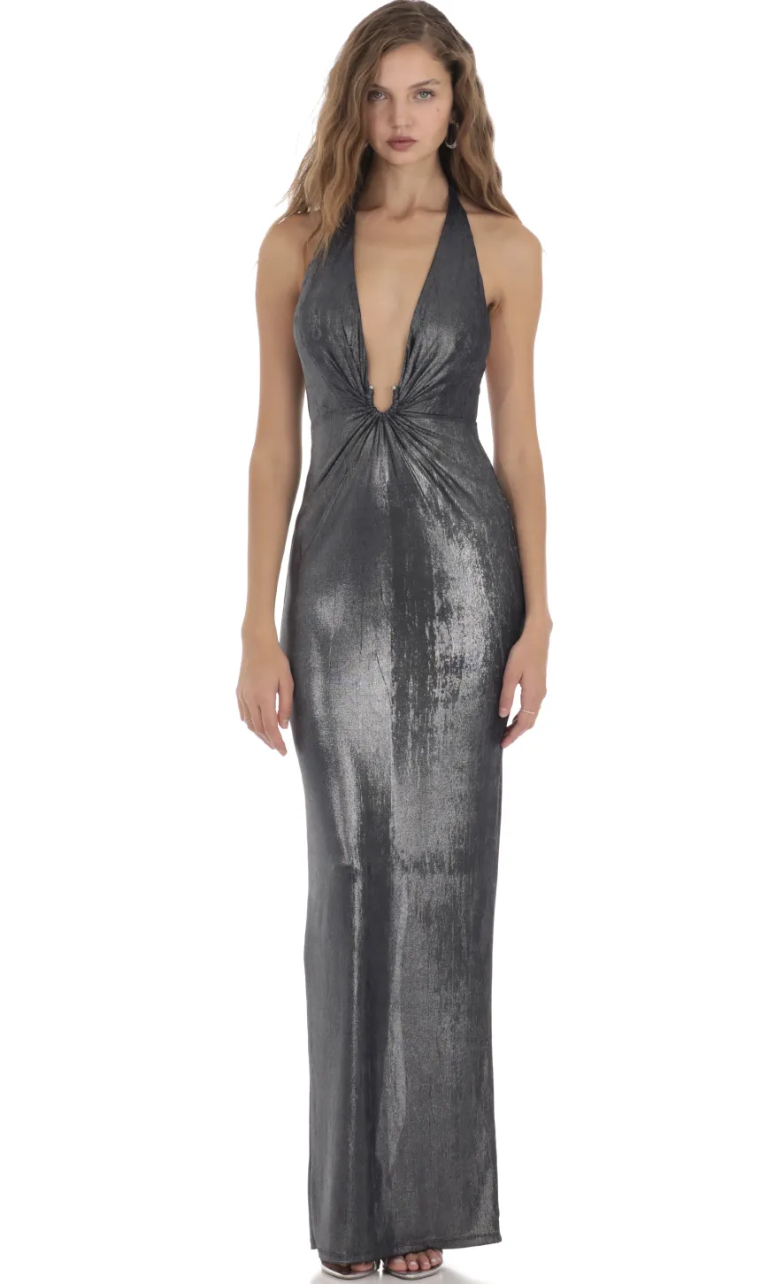 LUCY IN THE SKY Maxi Dresses^Metallic Plunge Neck Dress In Navy